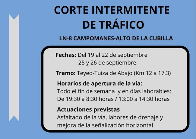 Cortes intermitentes de tráfico en la carretera a La Cubilla