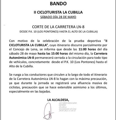 CORTE DE TRÁFICO CON MOTIVO DE LA "III CICLOTURISTA LA CUBILLA"